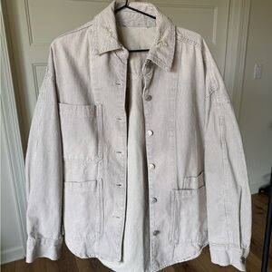 New Zara distresses oversized denim jacket.